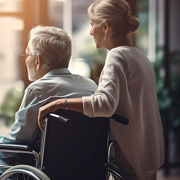 a man on a wheelchair with carer