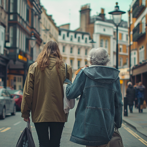 young woman walking with an older woman in the city