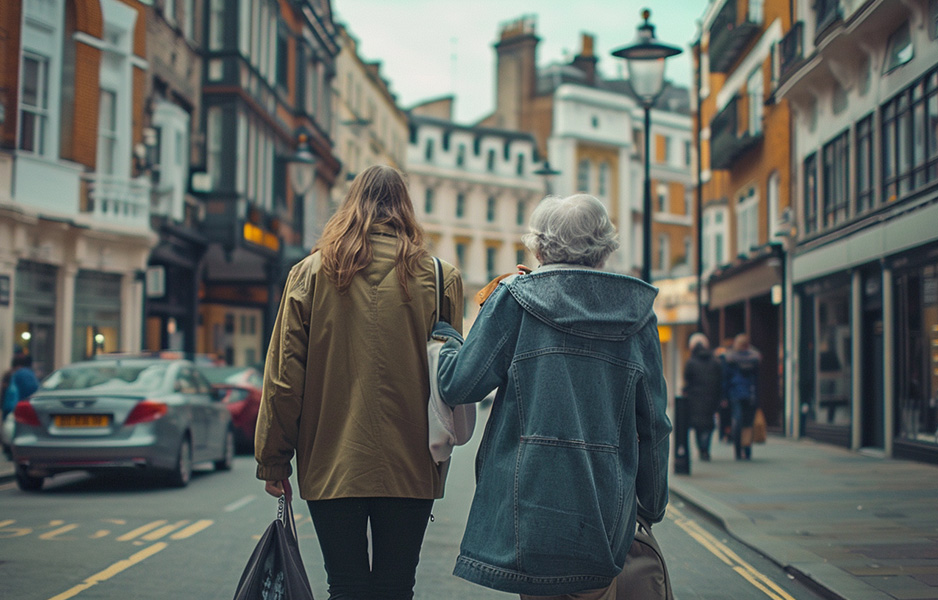 young woman walking with an older woman in the city